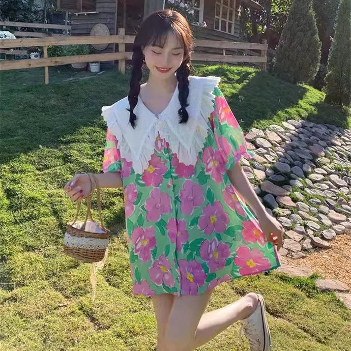 Gaganight Women Floral Printed Doll Neck Short Dress 2024 Summer Korean Chic Pattern Puff Sleeves Slim Dresses Female Vestidos