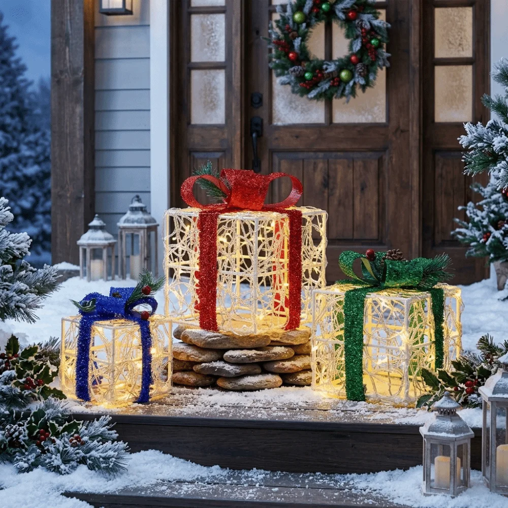 Set of 3 LED Lighted Christmas Gift Boxes Soft LED Lights Premium Lightweight Material Christmas Ornaments Glowing Effect