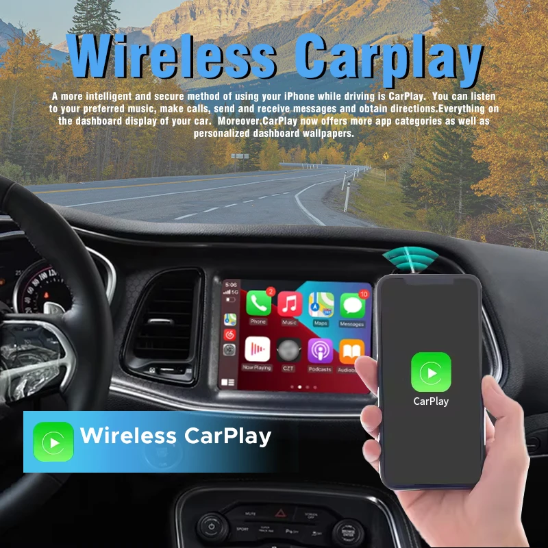 Wireless Carplay Android Auto Smart Box for Dodge Challenger 2014-2018, Mirror Link GPS Navigation Multimedia Radio DVD Player