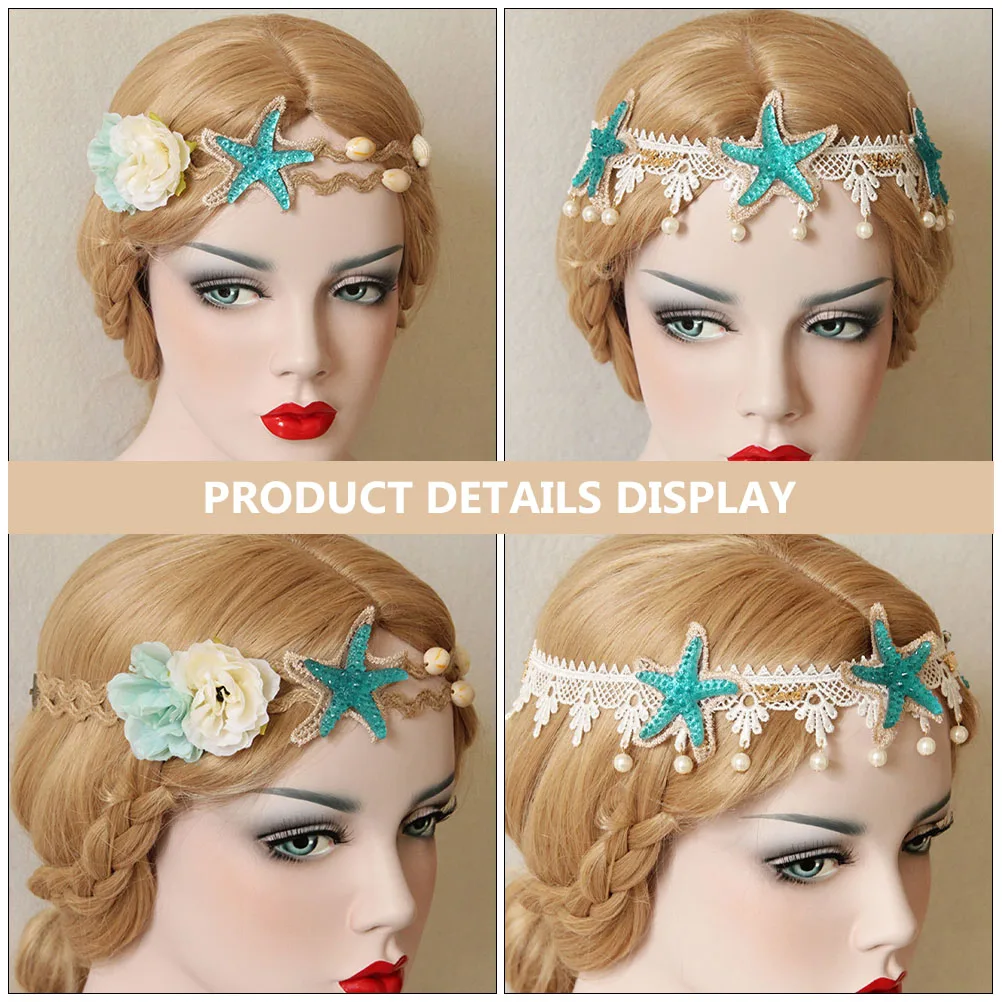 

2pcs Shell Lace Headbands for Women Girls Stretchy Adjustable Hair Accessories Wedding Party Festival Beach Costume Cosplay