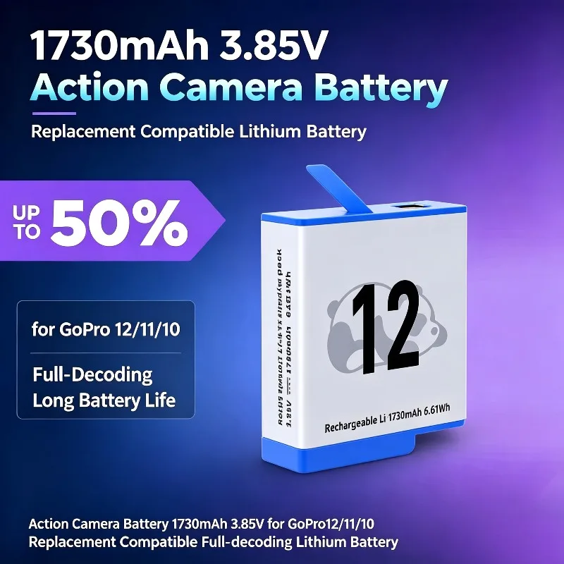 Action Camera Battery 1730mAh 3.85V for GoPro 12/11/10 Replacement Compatible Full‑decoding Lithium Battery