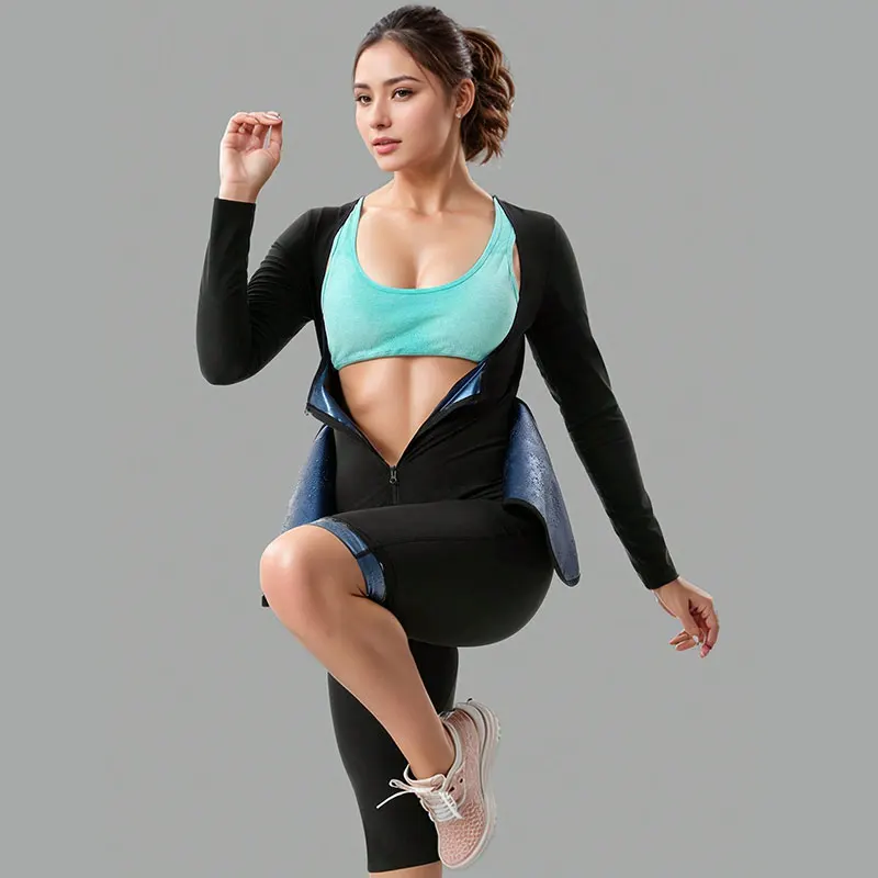 Women's Full Body 4-In-1 Sauna Sweat Suits Long Sleeved Shorts Slimming Jumpsuits Weight Loss Slimming Shaper Waist Trainer
