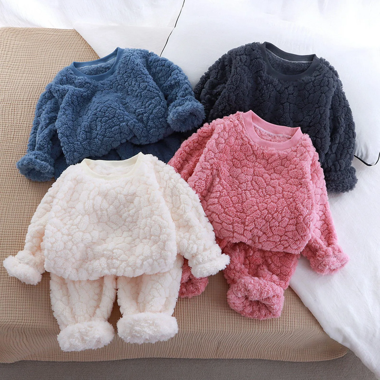 Kids Girl Flannel Pajamas Children Thicken Two-piece Clothing Sets Baby Girls New Fluffy Sleepwears Boys Round Neck Clothing Set