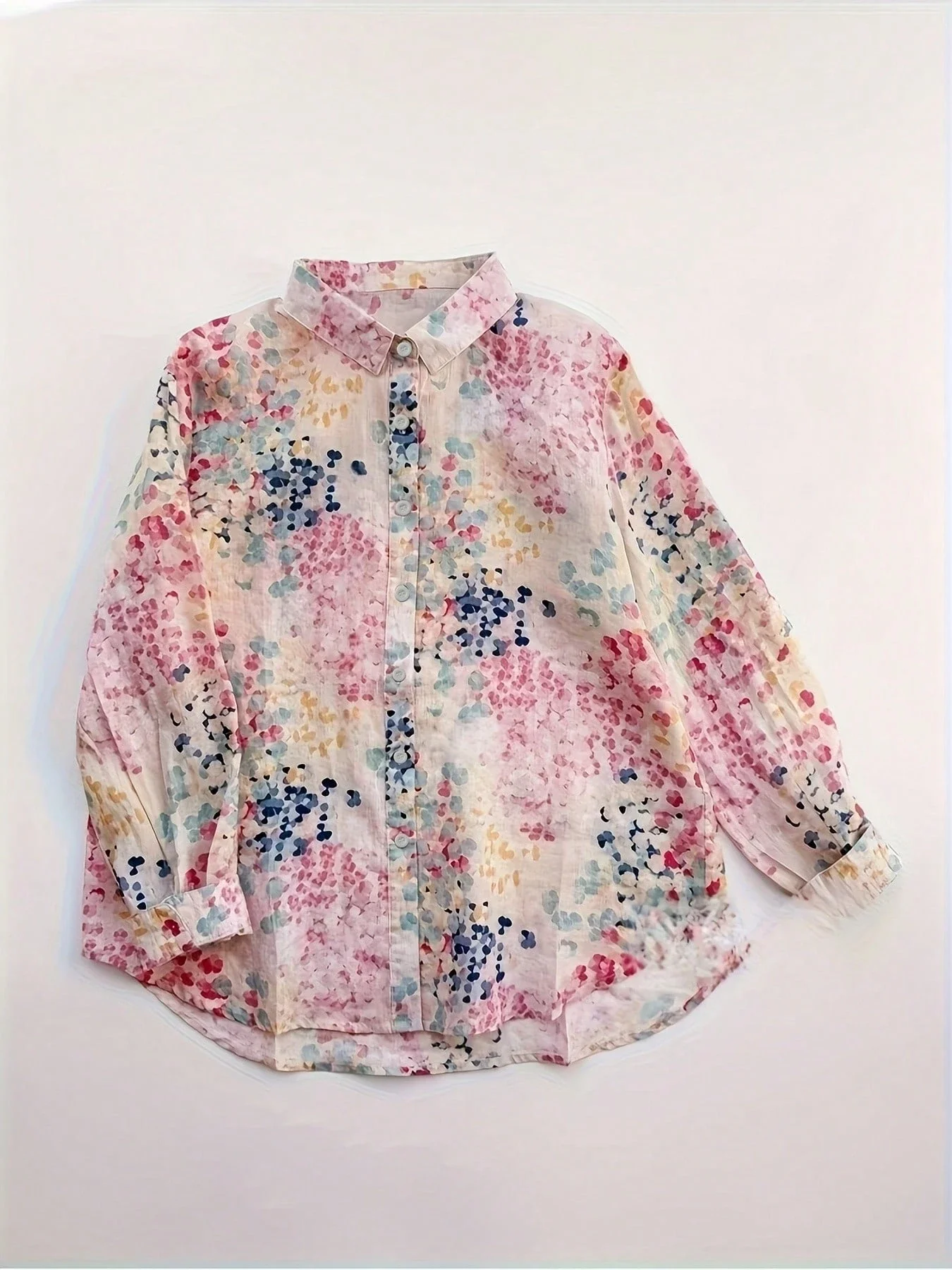 

Macaron Color Linen Ditsy Floral Blouse Loose Thin Printed Shirt For Women Spring Vacation