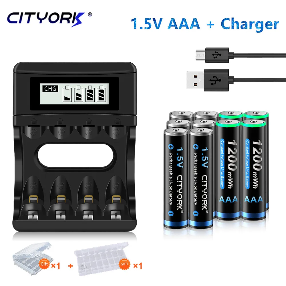 

CITYORK 1.5V AAA Lithium Rechargeable Battery 1200mWh + 4 Slots LCD Indicator Charger 2A 3A Li-ion Battery USB Charger