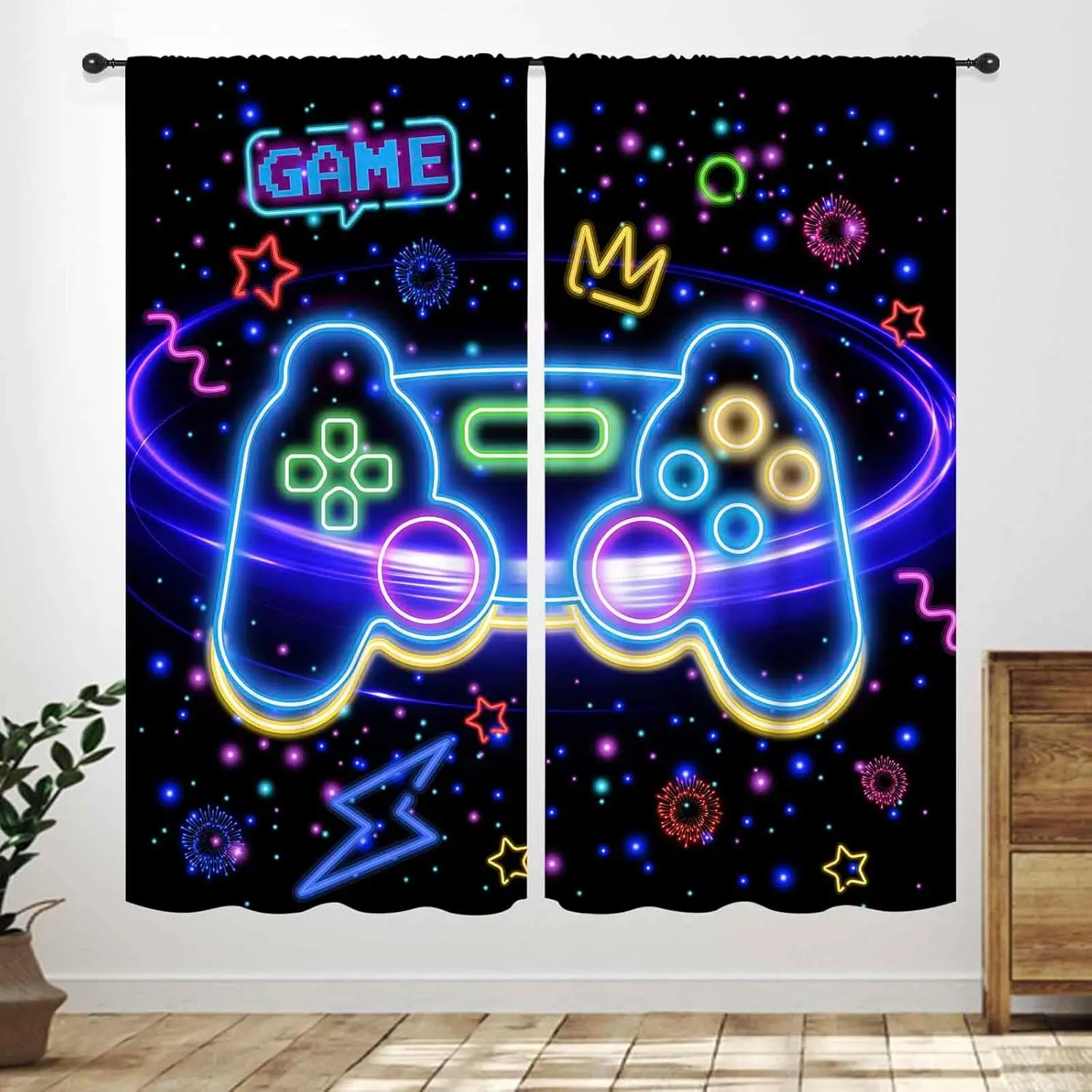 Gaming Window Curtains for Boys Room，Blue Gaming Controller Anime Gamer Theme Cool Window Drapes Treatments Teen Kids Bedroom
