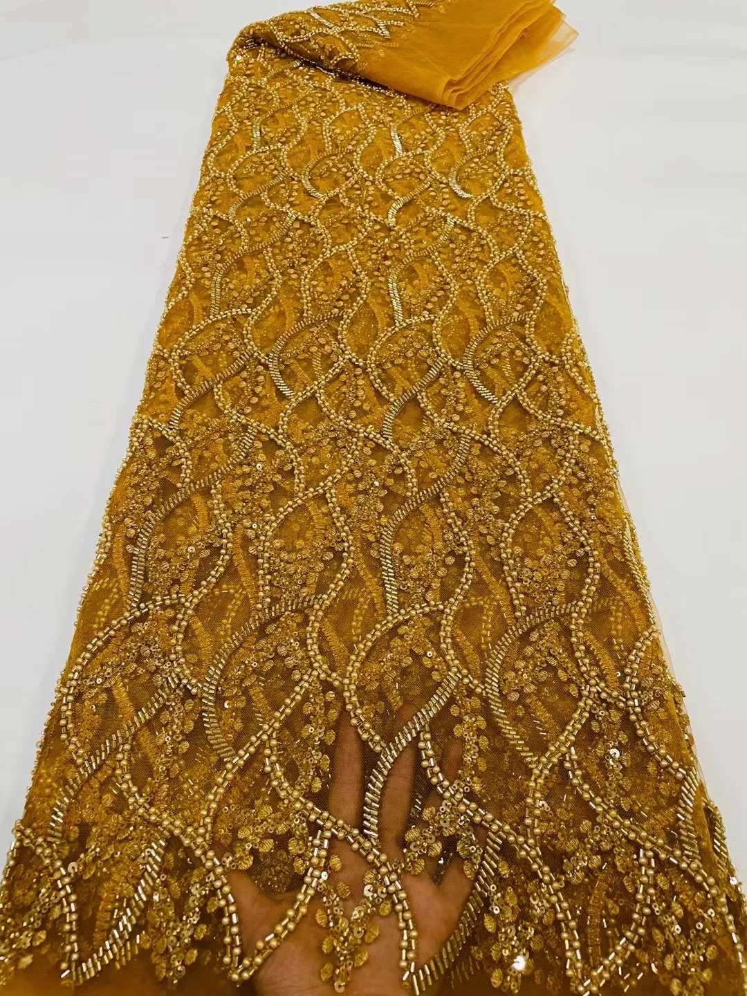 

African Gold Heavy Handmade Sequins With Bead Lace Fabric 2022 High Quality Nigerian Luxury Pearl Tulle Fabric For Wedding Dress