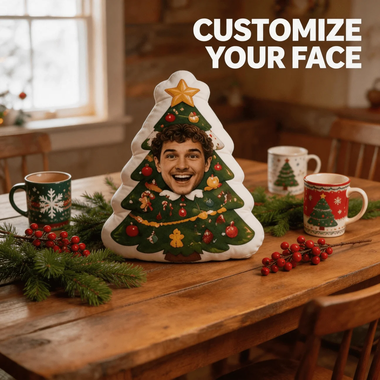 Custom Photo Christmas Tree Shaped Pillow, Personalized Face Decorative Cushion with Festive Ornaments, 70CM Home Decor Accent f