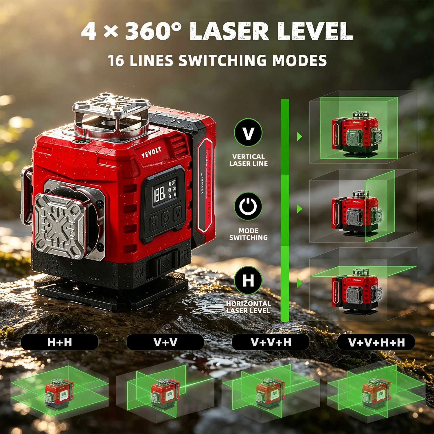YEVOLT Green Cross 16 Line 4x360° Laser Auto Self Level Feature for DIY Accent Trim Flooring Wall Decor Installation Setup Work