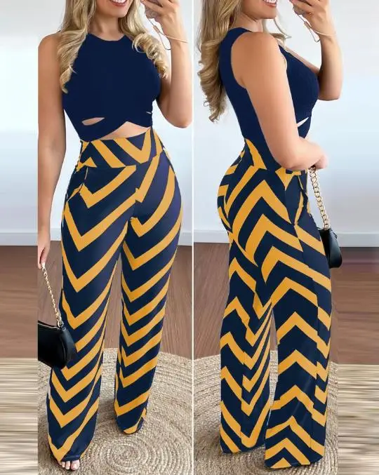 2023 Womens Two Piece Sets Outfit Summer Cute Wind Sweet Vest Wide Leg Pants Sets Sleeveless Fashion Casual Suit Female Clothing