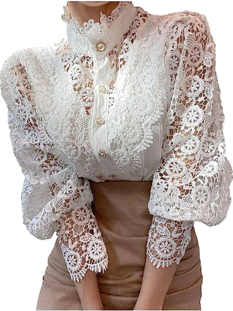 Long Sleeve Lace Blouse Summer 2024 Korea Women Sexy Hollow Out Flower White Lace Basic Shirt Top  Elegant Office Work Blouse