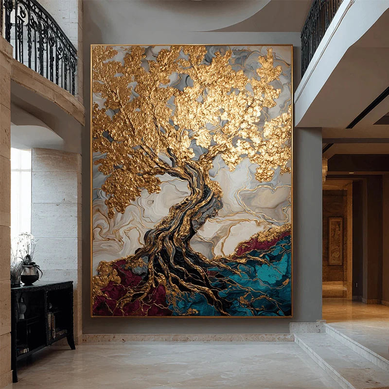 Luxury Hand-painted Golden Tree Abstract Oil Painting Heavy Textured Gold Leaf Prosperity Tree Wall Art Painting