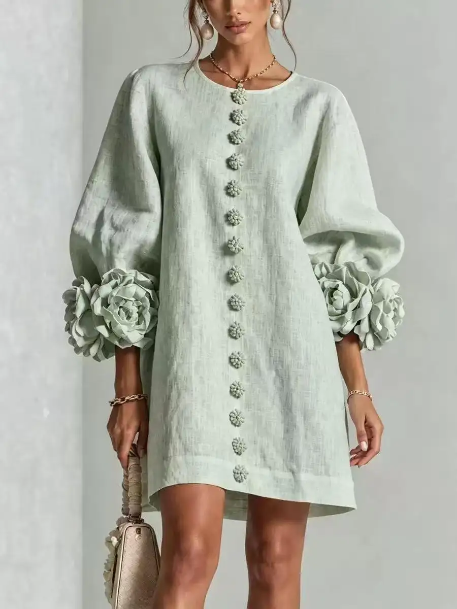 Damen Französisches 3D-Blumenkleid mit Laternenärmeln aus Baumwolle und Leinen, Rundhals, einreihig, locker geschnitten, kurzes Urlaubskleid für mollige Frauen – Detail 14