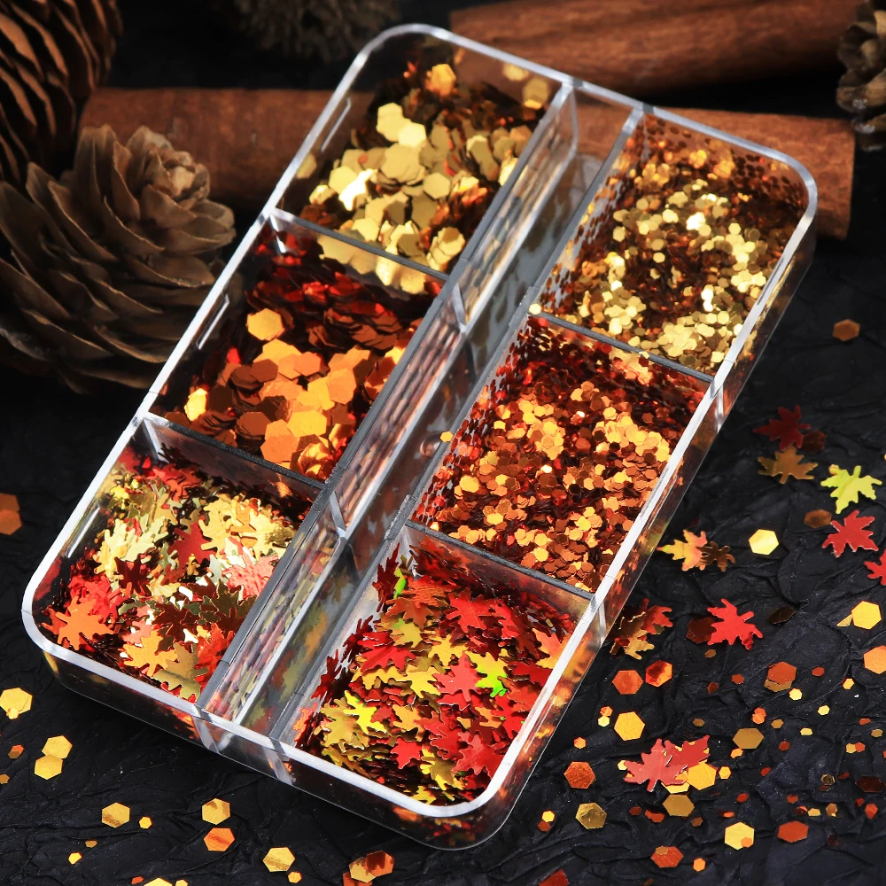 الخريف مسمار الفن بريق الترتر الخريف مابل ليف pailletes مانيكير الديكور لامع اللون مسدس الترتر الأظافر اكسسوارات #4