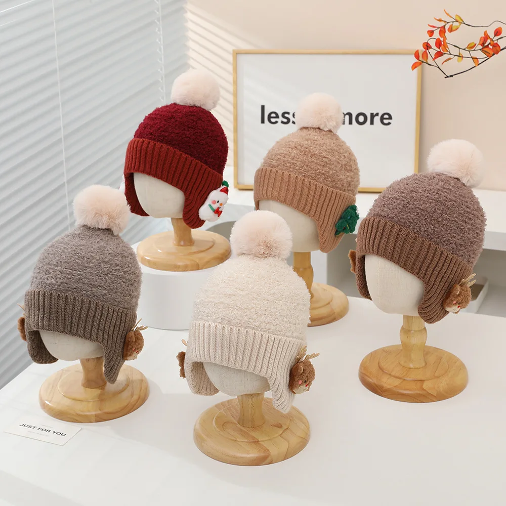 Cute Antler Baby Knitted Woolen Beanie Winter Infant Ear Protection Cap Cartoon Toddler Warm Tie Bonnet Kids Christmas Hat