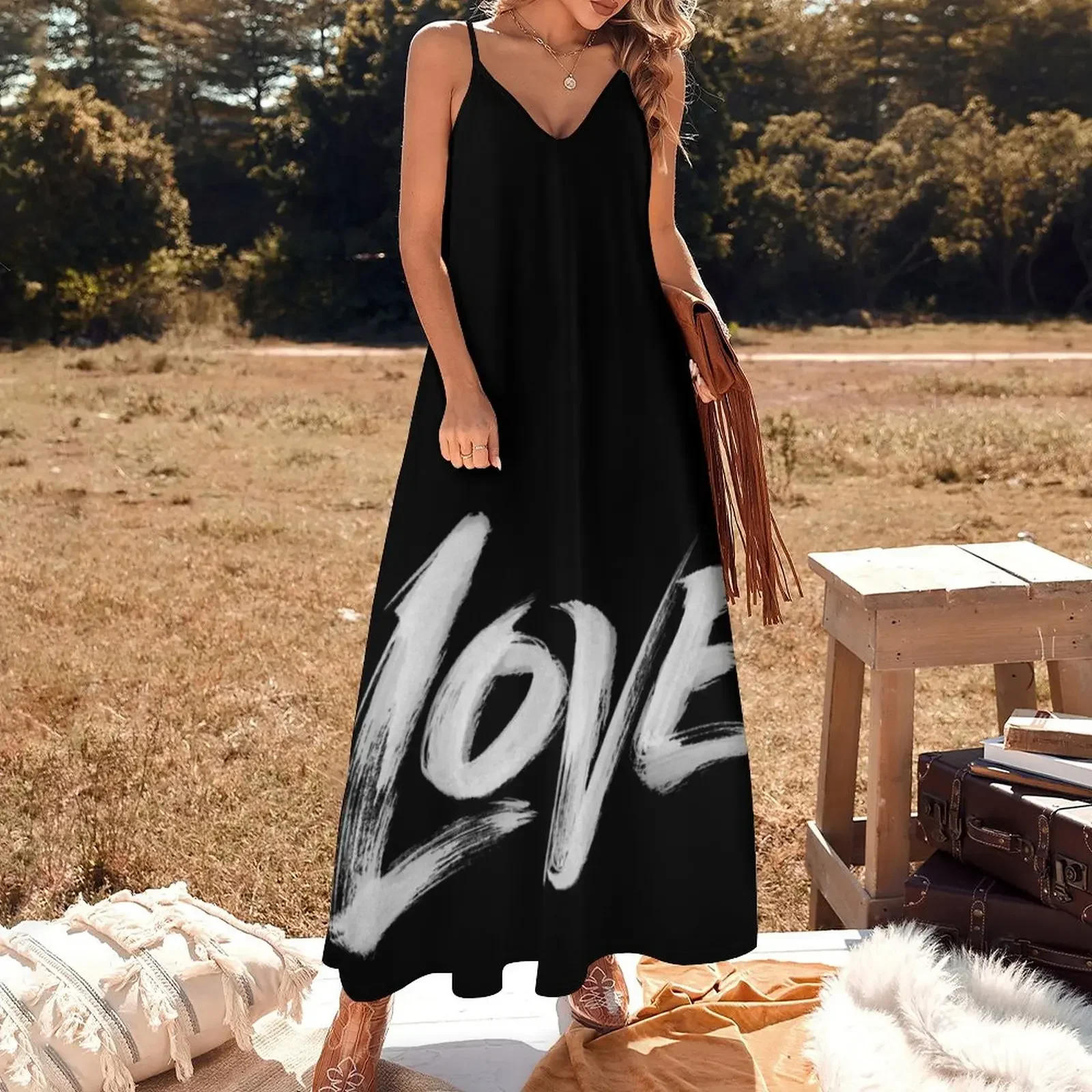 Zen Brush Love Word - Lettering - White Calligraphy Sleeveless Dress chic and elegant evening dress Women's summer skirt Dress