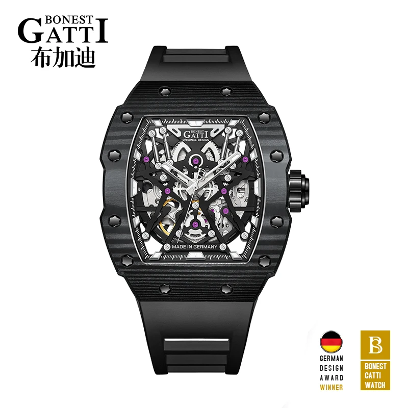 

BONEST GATTI Mechanical Watch Carbon Fiber Men Light Luxury Through Hollow Automatic Watches Sports Waterproof Men Wristwatches