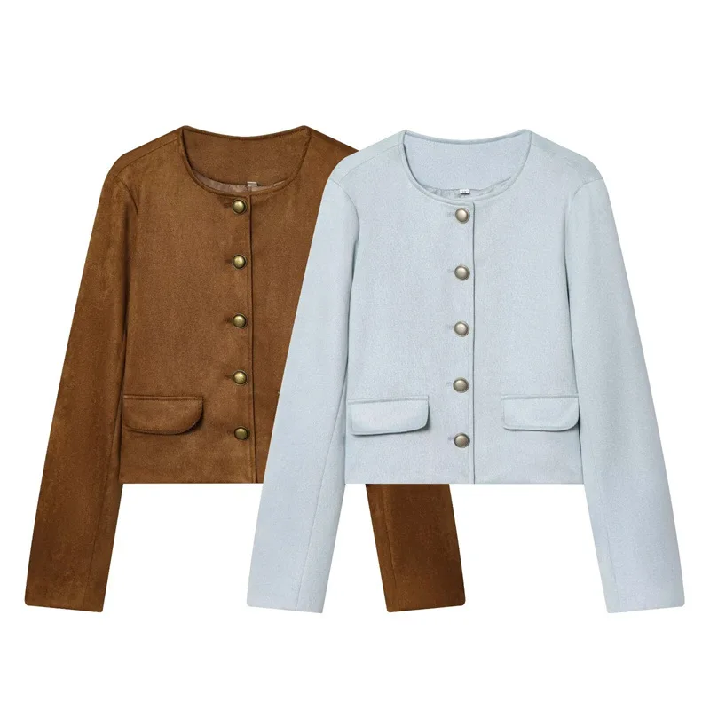 Women European and American Style 2026 Spring and Autumn New Simple Small Fragrant Style Suede Single Breasted Short Jacket