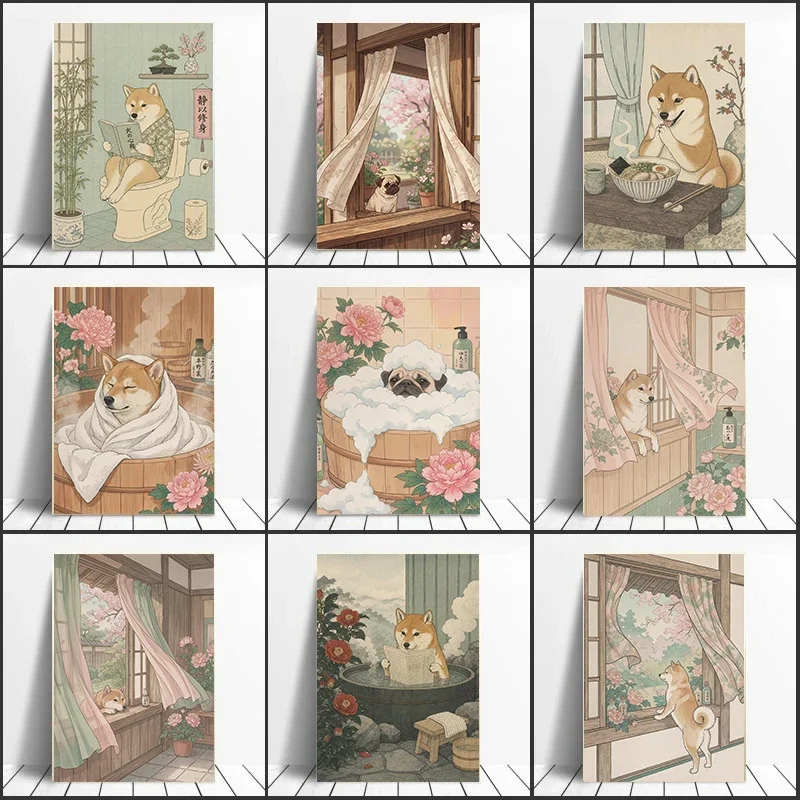 Multiple sizes 1pc frameless Canvas Painting,Cozy Dog Bath Time Shiba Bubble Read Poster Japanese Style Shiba Kitchen Prints Can