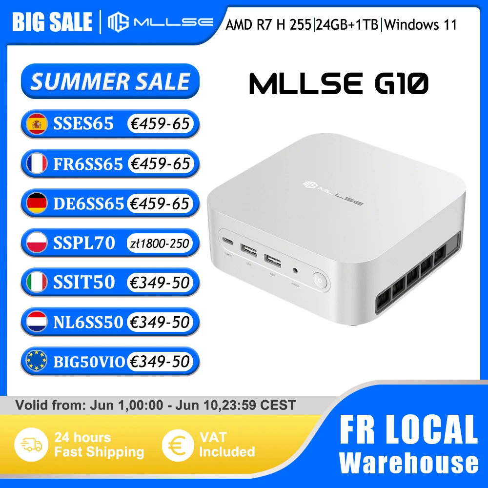 Mini PC Mllse G10, Nouveau AMD Ryzen 7 H 255, 24 Go de RAM DDR5, 1 To de SSD, Wi-Fi 6, BT5.2, USB4.0, Windows 11 Pro, Ordinateur de Bureau Mini pour Jeux