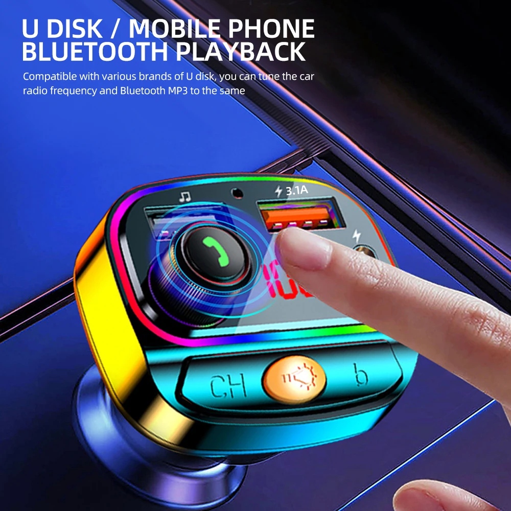 New C15 Colorful Lights Bluetooth Mp3 Music Player FM Transmitter Multi-function Fast Charger Dual USB PD+QC3.0