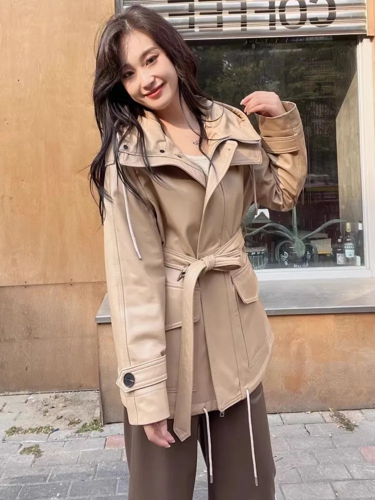 Herbst Winter Frauen Echtes Leder Jacke Oversize Mit Kapuze Casual Windjacke BF Stil Lose Fit Echt Schaffell Medium Langen Mantel