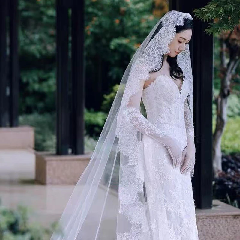 صور حقيقية 3M طبقة واحدة طرحة زفاف مع مشط لينة رمش الدانتيل حافة حجاب الزفاف زين كاتدرائية العروس أغطية الرأس مخصص #1