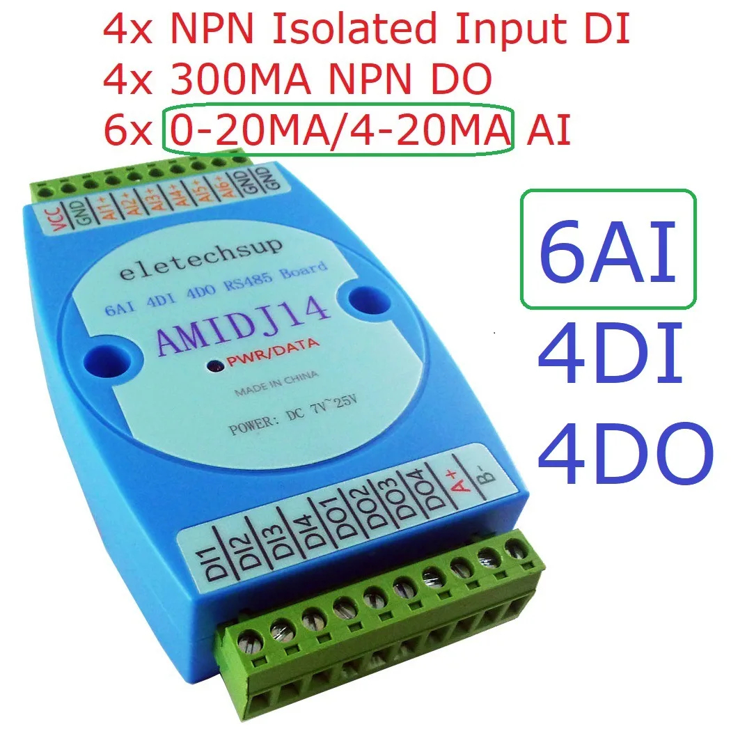 4/6 Channel 4-20MA 0-10V Current Voltage Analog Input & 4ch NPN DI-DO RS485 Modbus Rtu PLC HMI PC Text Editor IO Expansion Board