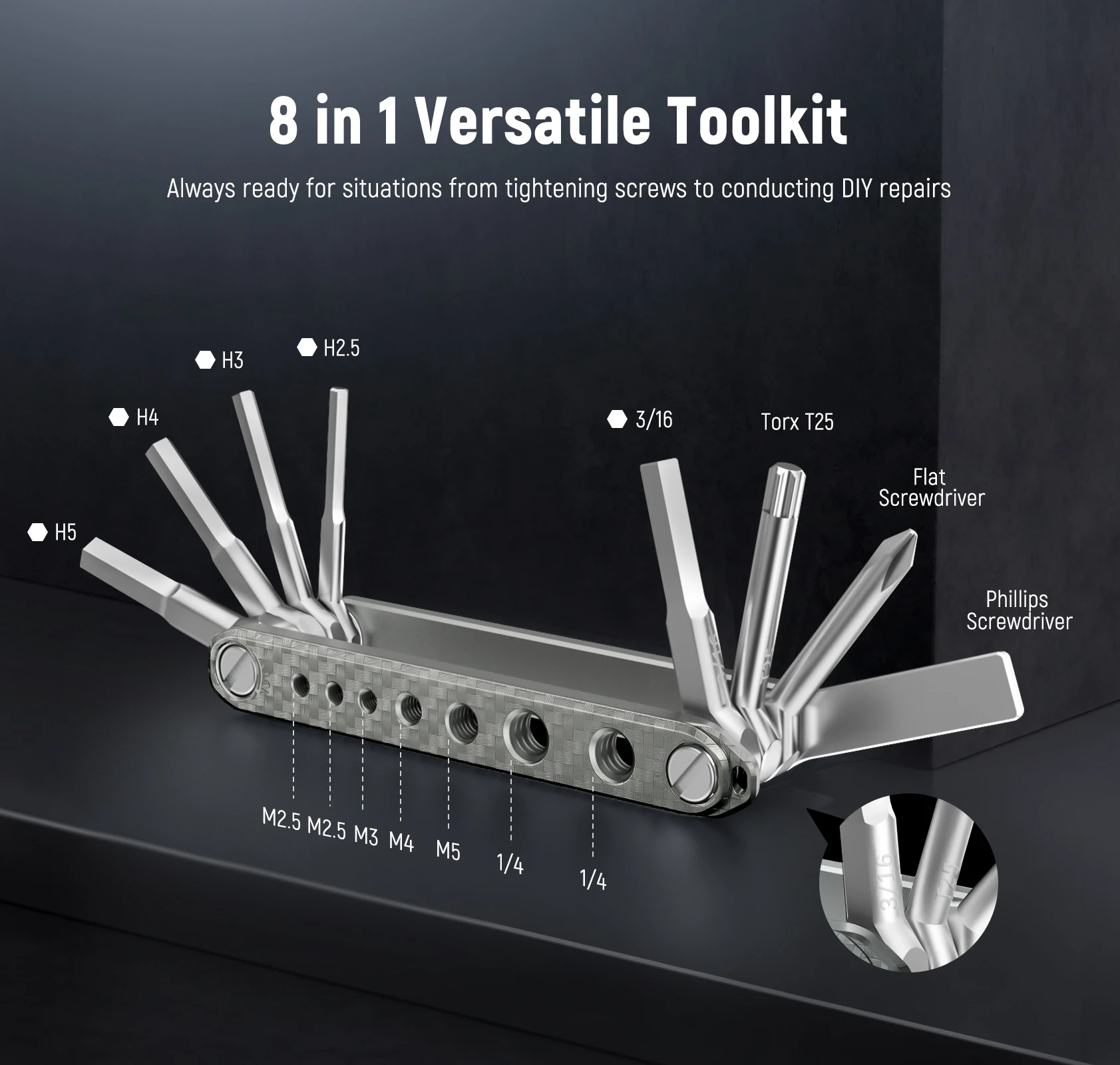 NEEWER 8 in 1 Folding Screwdrivers Tool Set: 3 Screwdrivers, 5 Hex Keys, 7 Threads for Screw Storage, Pocket Tool