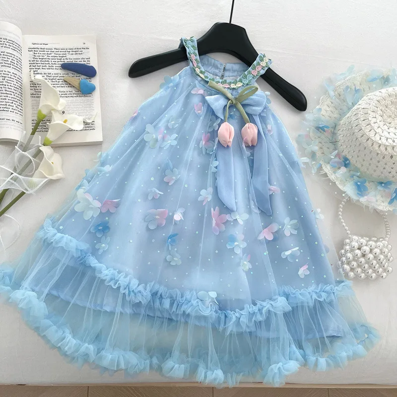 

2025New Summer Girls' Stylish Bowknot Strap Dress Sleeveless Baby Mesh Dress with Hat
