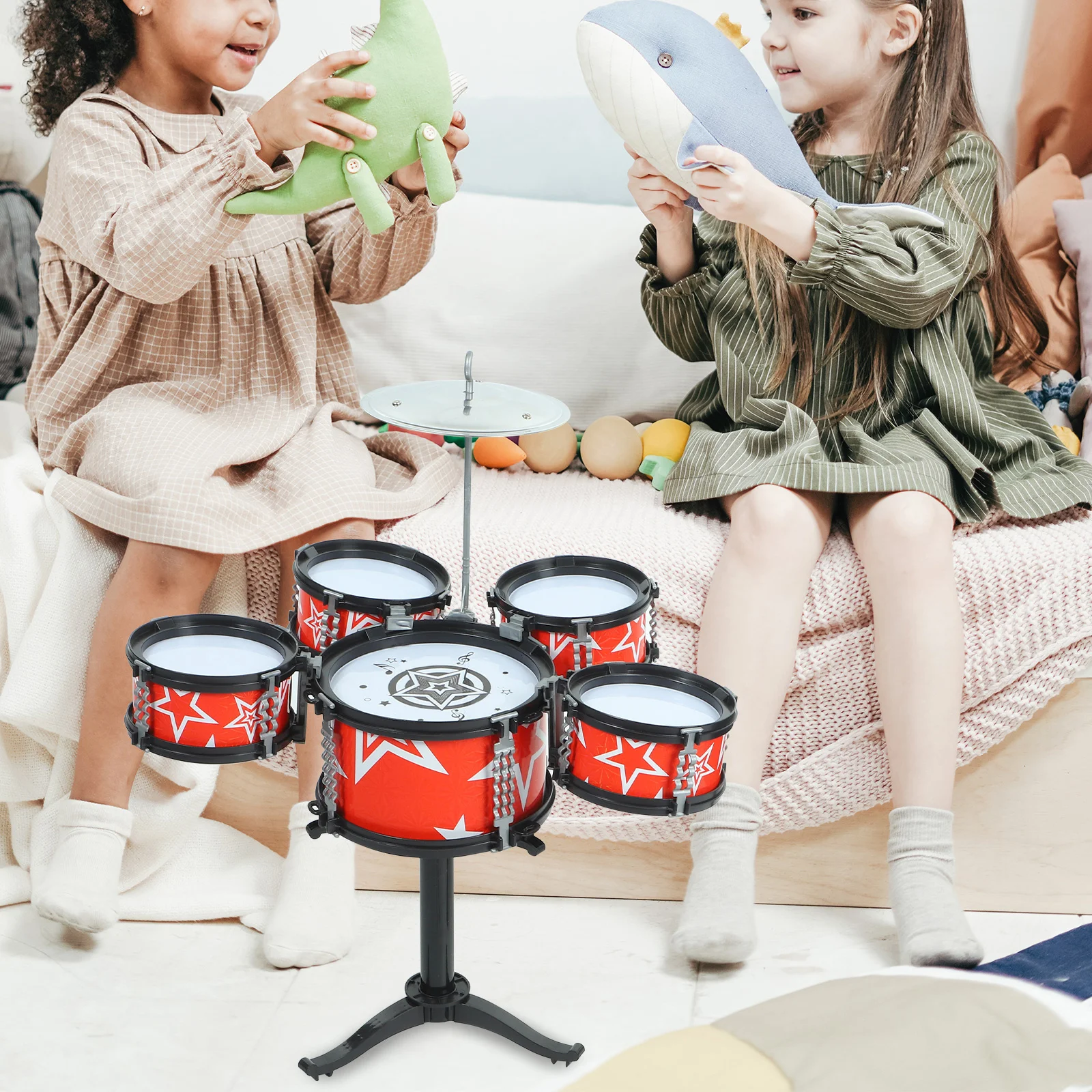 

1Pcs Kids Drum Set 5 Drums Stool Red Educational No Harmful Substances Fabulous Sound Mini Percussion Set Music Education