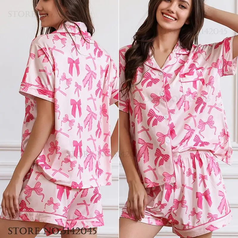 

Fashion Pink Bow 2Pcs Pjs Set Pijama Mujer Sweet Short Sleeve Shorts Pyjama Home Clothes Summer New Loose Sleepwear Lounge Wear