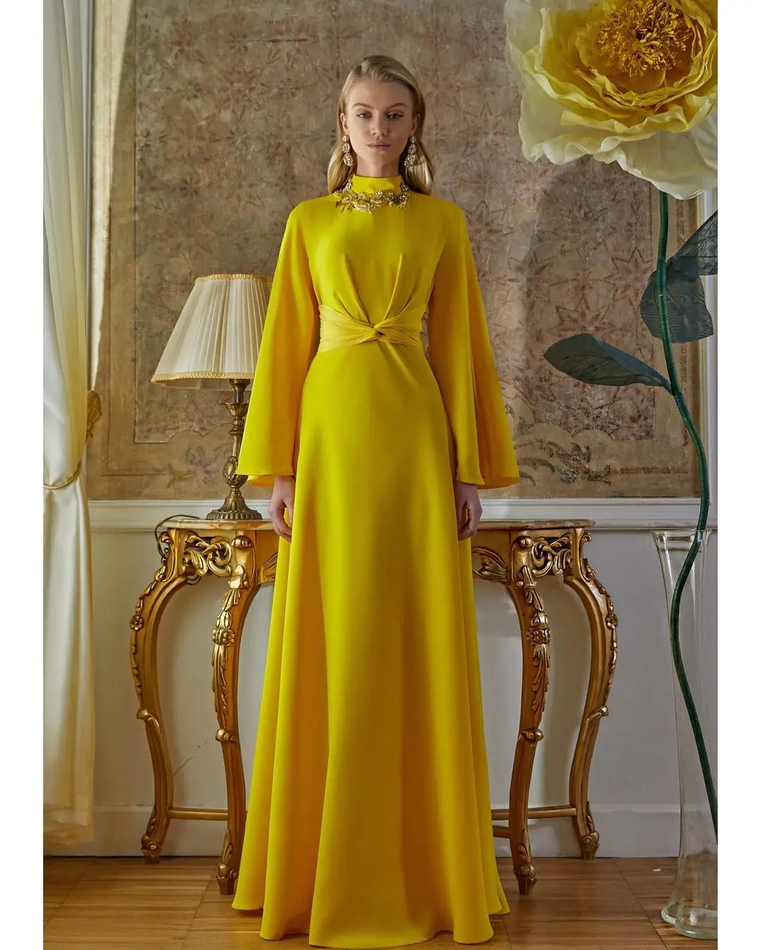 CustomizedProm Dress High Neckline Long Sleeve Yellow Ruched Formal Occasion Evening Gown فساتين Vestidos De Graduación Robes  S