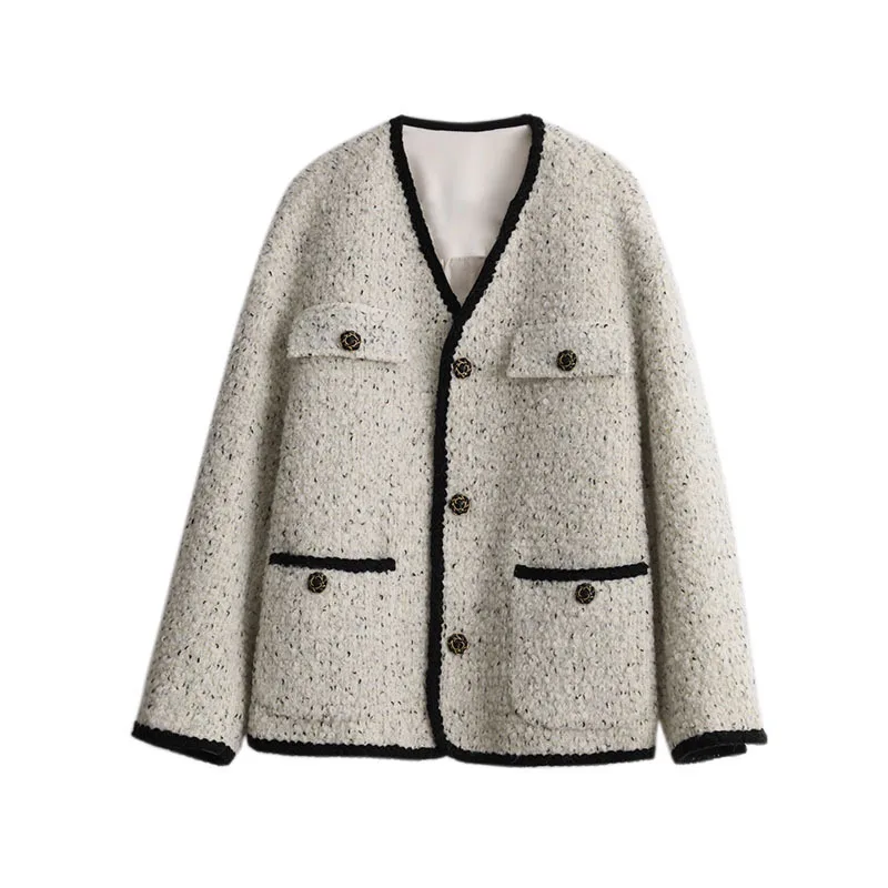 Autumn and winter new women\'s clothing high-end small fragrant woolen long-sleeved jacket women\'s French V-neck tweed coat