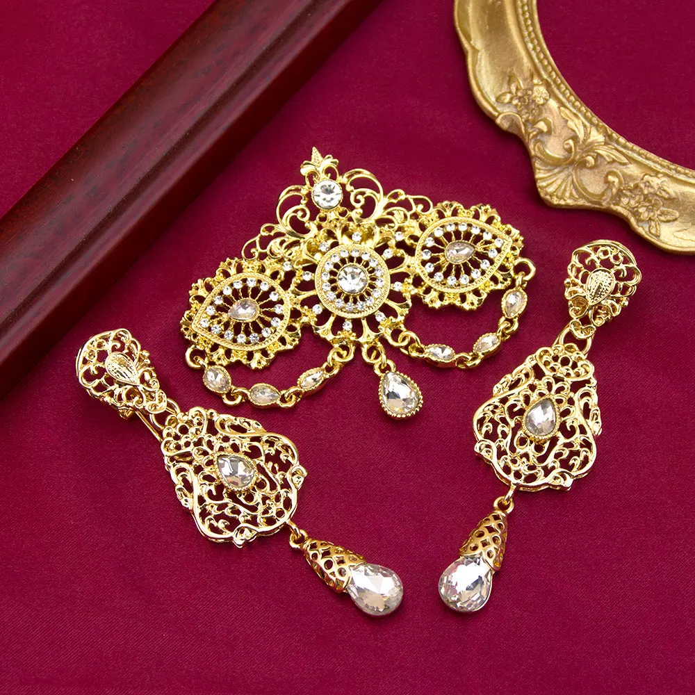 Gold Color Moroccan Jewelry Caftan Brooch Earring Sets For Women Arabic Bridal Ethnic Wedding Bijoux