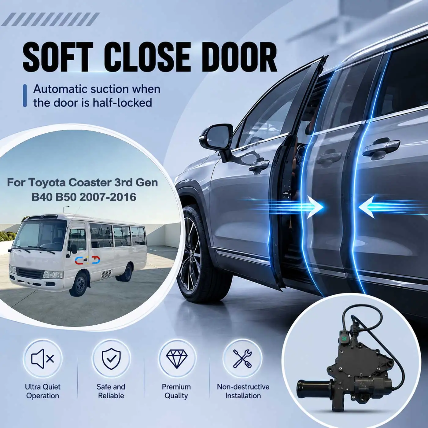 For Toyota Coaster 3rd Gen B40 B50 2007-2016 Electric Soft Close Door Auto Pull-In Suction Lock Intelligent Silent Closer Kit