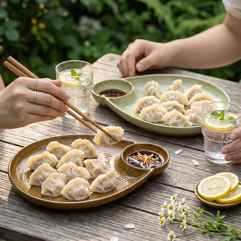 Minimalist Kiln-Change Multi-Color Ribbed Ceramic Plate, With Sauce Dish Dumpling Plate for Home Kitchen Restaurant Dining Table