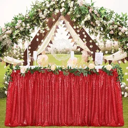 14ft Table Skirt Red Sequins Rectangle Square Round Glitter Tablecloth for Wedding Party Dinner Baby Shower Christmas Decoration