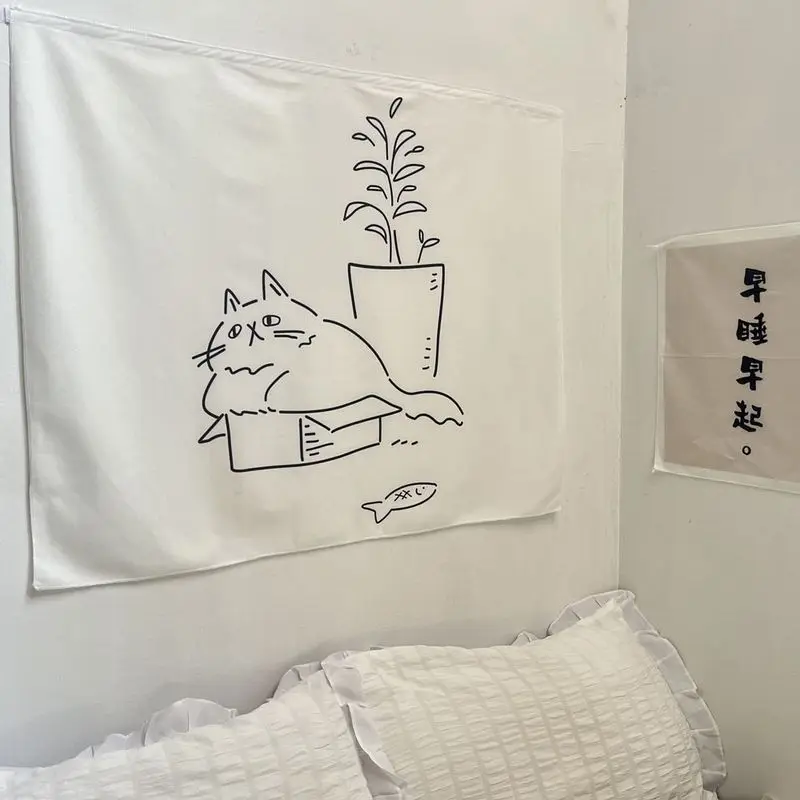 VIKAMA Black And White Simple Pen Teddy Bear Tapestry Wall Art Hanging for Bedroom Living Room Decor Teddy Bear Honey Cartoon