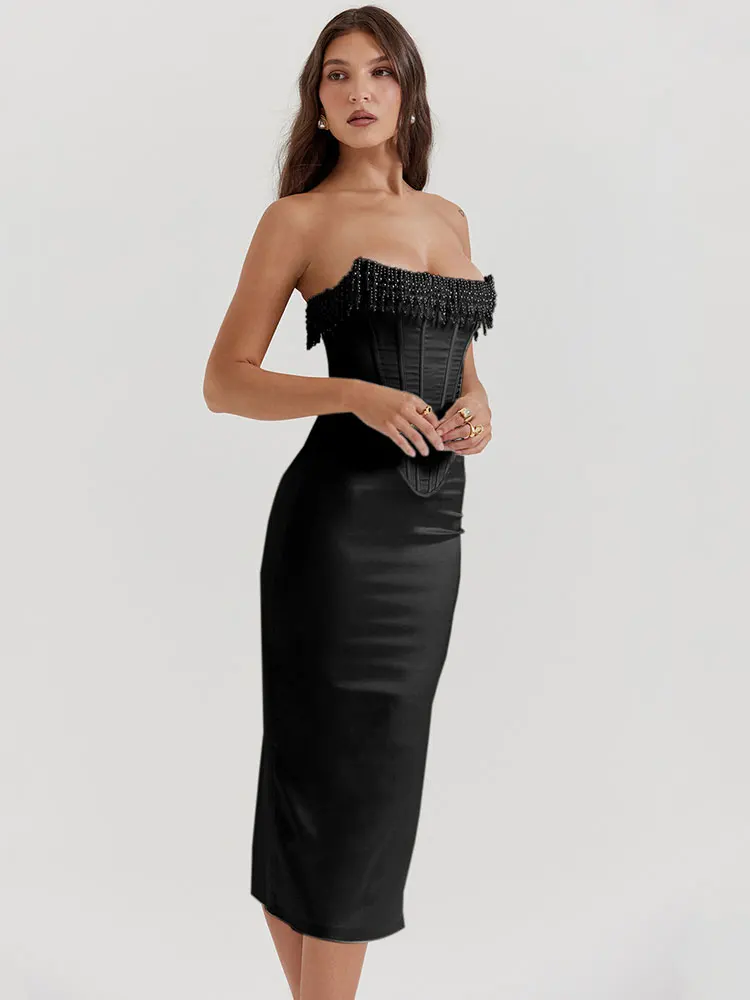 GACVGA-vestido largo por debajo de la rodilla para mujer, vestido Sexy con borlas de perlas, trajes de moda sin tirantes y espalda descubierta, vestido ceñido Sexy para fiesta y noche