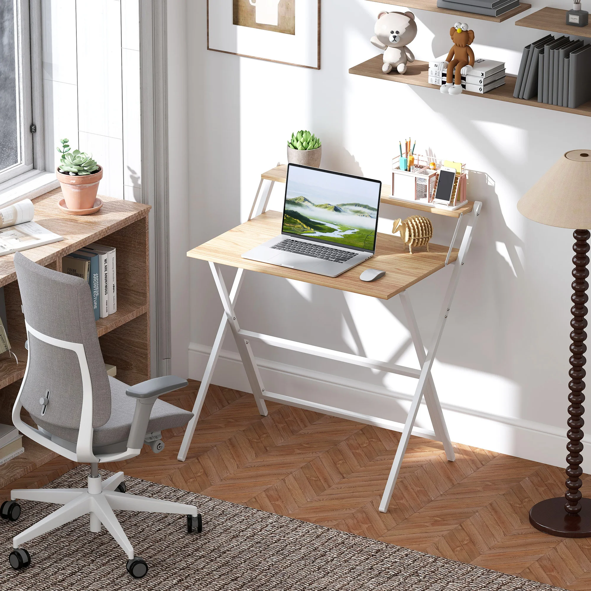 Escritorio Plegable Homcom Con Estante Para Monitor, Mesa De Ordenador Pequeña Y Plegable Para Oficina Y Estudio, Acero