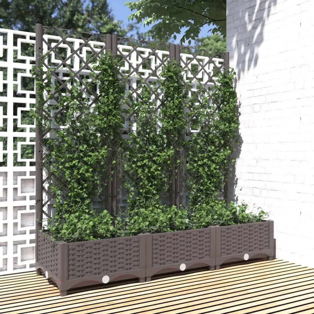 Large Rectangular Garden Planter with Trellis for Climbing Plants, Outdoor Brown Polypropylene Raised Bed for Balcony Pa
