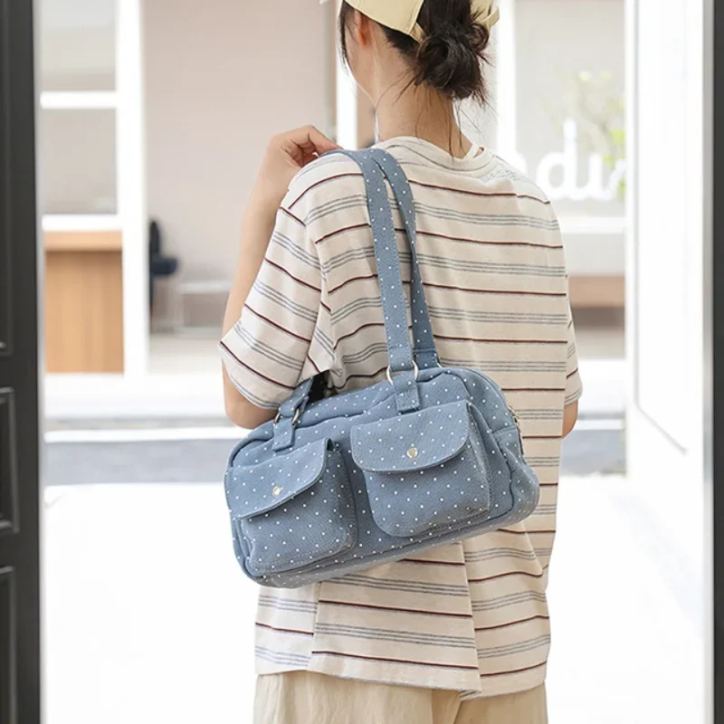 Schultertasche mit mehreren Taschen und Sternenmuster, gepunktet, für Damen, Canvas-Tragetasche, koreanische süße, niedliche, lässige Handtasche für Pendler und Reisen – Detail 12