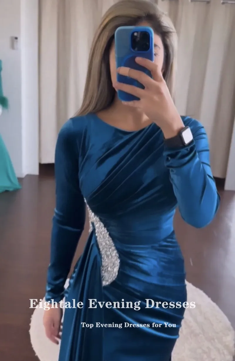 Eightale Velvet Evening Dress for Wedding Party Blue O-Neck Beaded Mermaid Customized Long Sleeves Prom Gowns