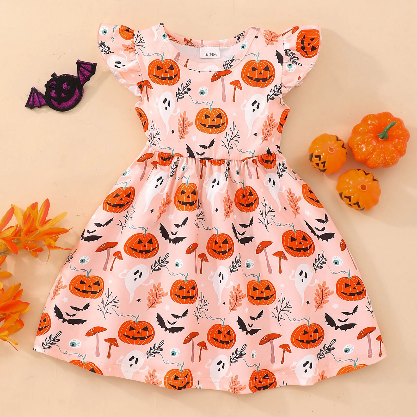 2024 New Summer Girls Clothing Cartoon Cute Halloween Printed Flying Sleeve Dress Children Round Neck Christmas New Casual Dress