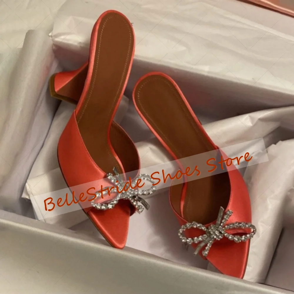 

Orange Crystal Bow knot Decor Pointed Toe Slippers Women Shoes Strange Style Heels Party Banquet Dating 2025 Zapatos Para Mujere