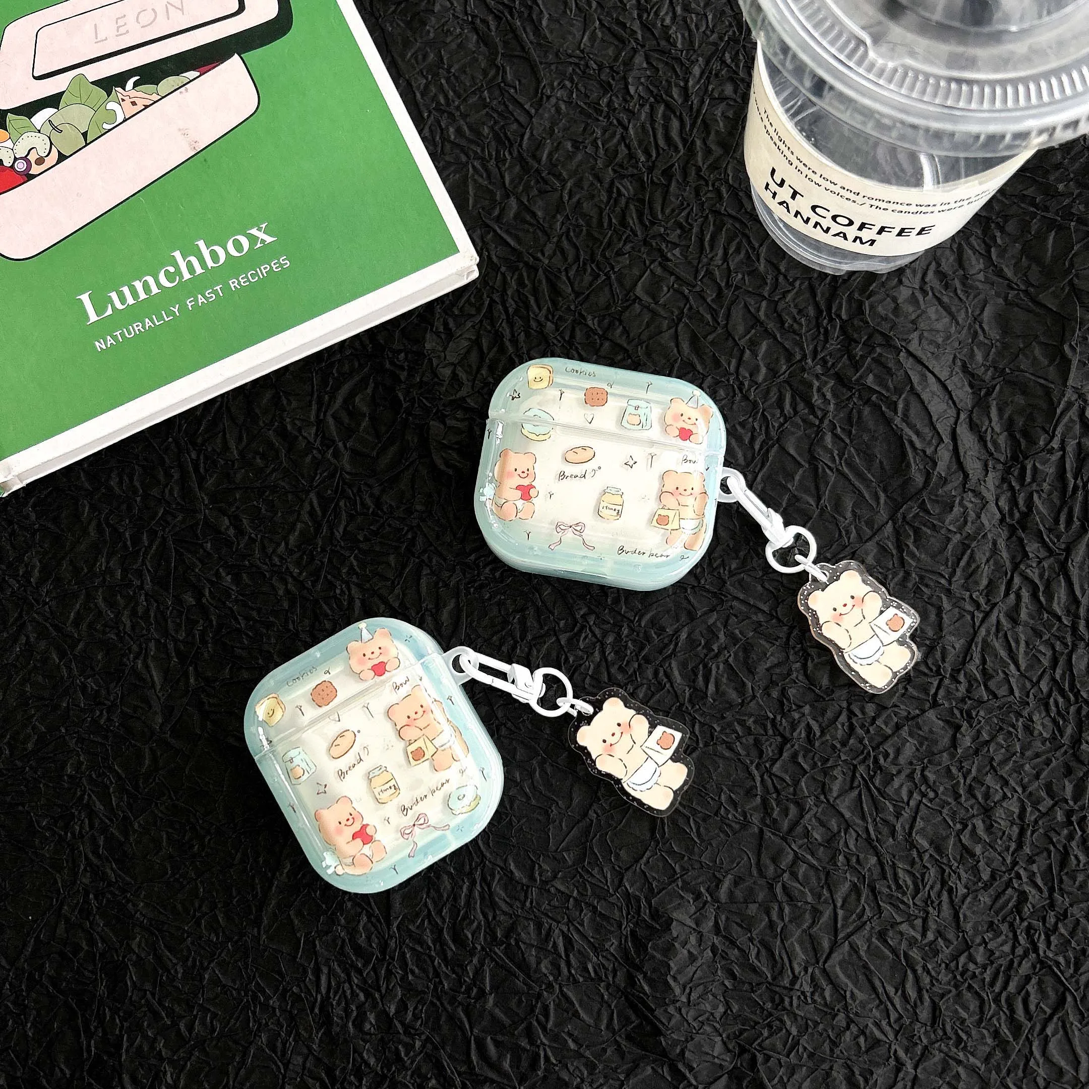 Earphone case for apple airpods 1 2 pro 3 transparent blue cute butter bear charging box for airpod pro2nd pendant cartoon bread