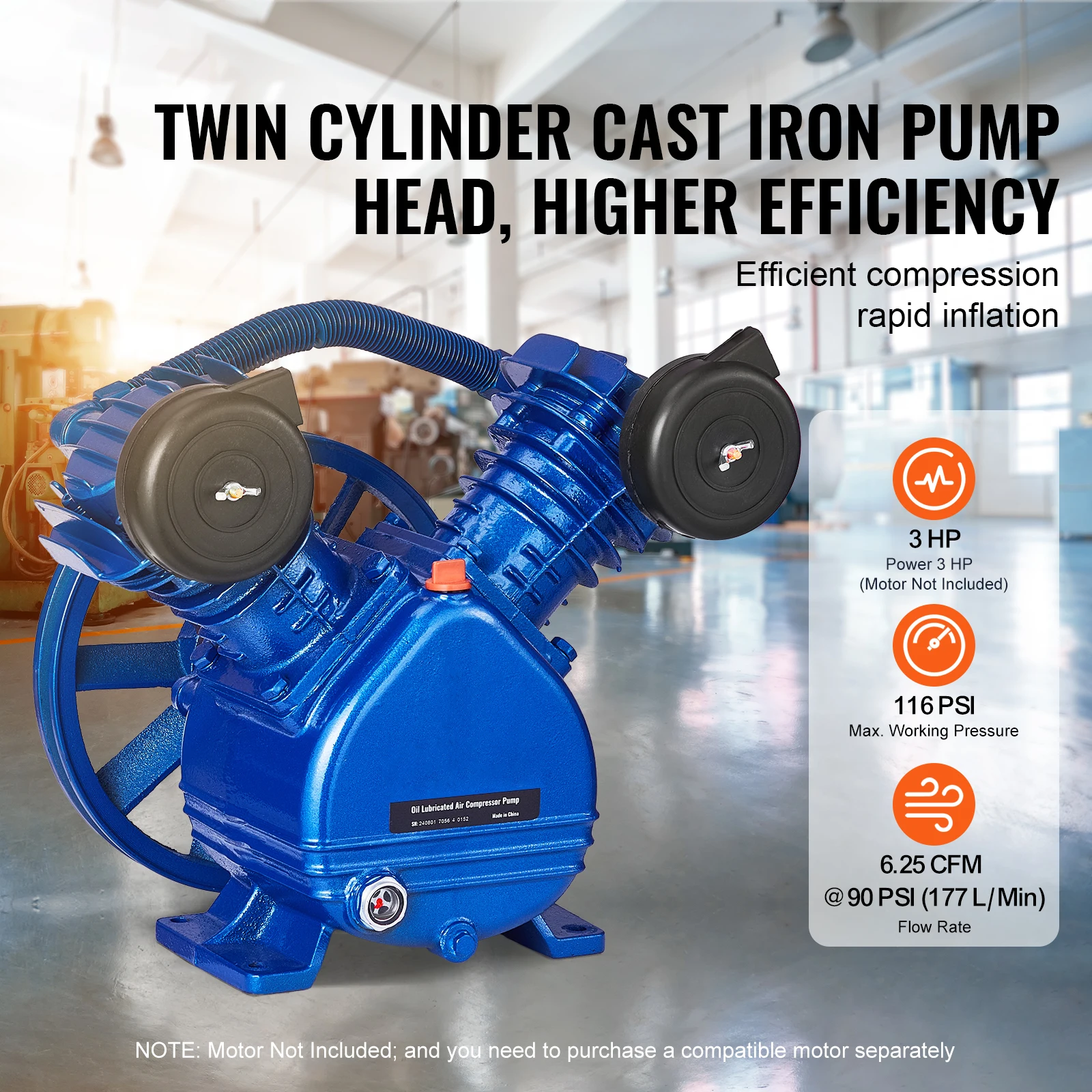 SucceBuy Air Compressor Head 5.5HP/3HP 90PSI Twin กระบอกน้ํามันหล่อลื่น Air Compressor ลูกสูบ Dual Stage Air Compressor Pump