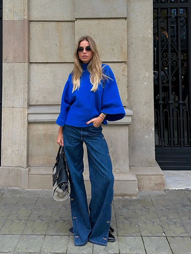 Casual Blue Women's Pullover Loose Stand Collar Long Sleeve Cropped Female Sweater 2026 Autumn Warm Lady Streetwear Commute New