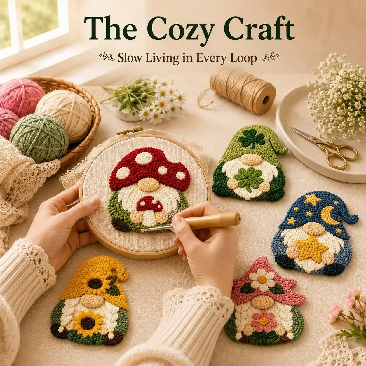 Gnome Punch Needle Embroidery DIY Materials Kit Mushroom Flower Moon Star Dwarf Pattern Handmade Coaster Craft Decor Gift